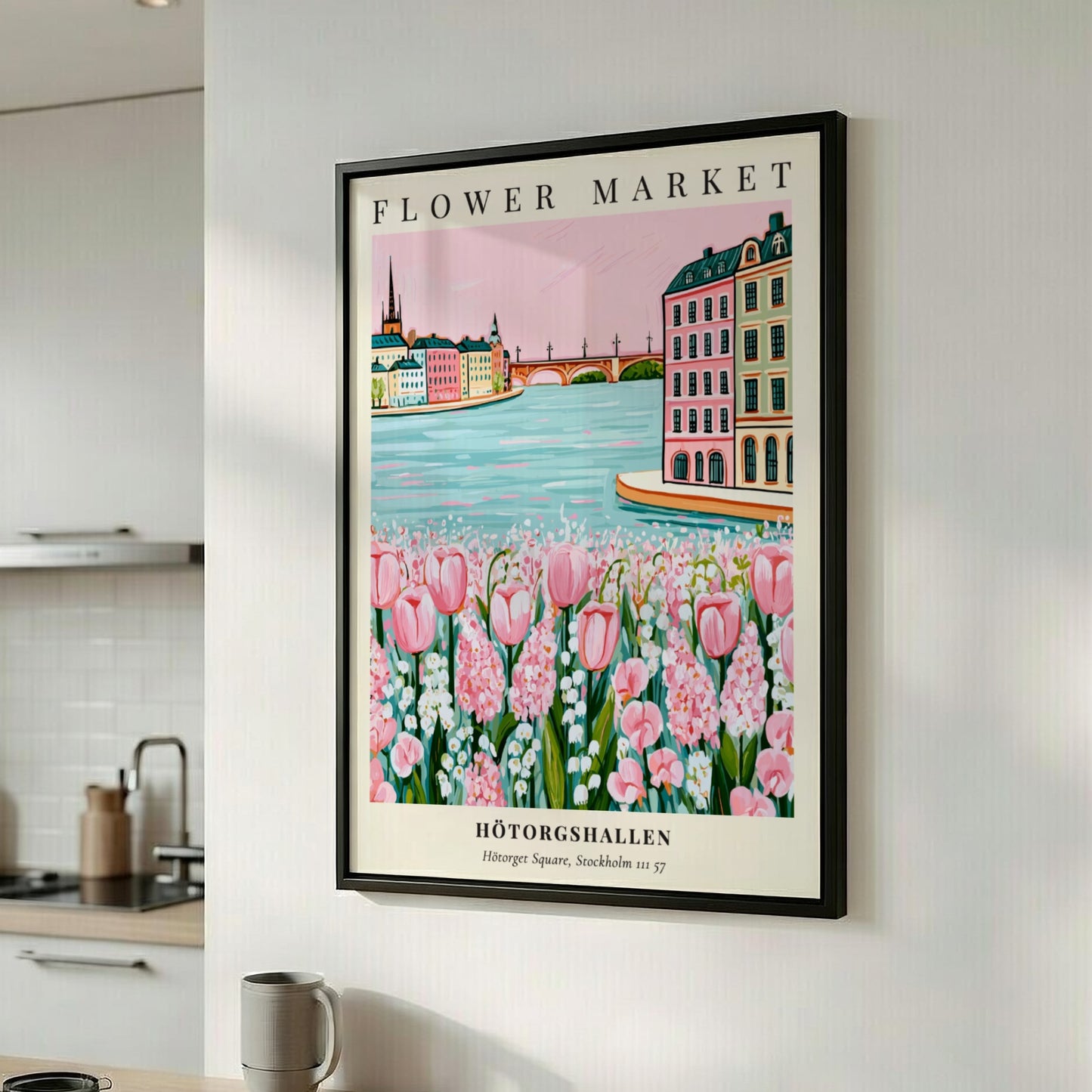 Floral art print featuring Hötorgshallen flower market with pink tulips and a serene waterfront view in soft
