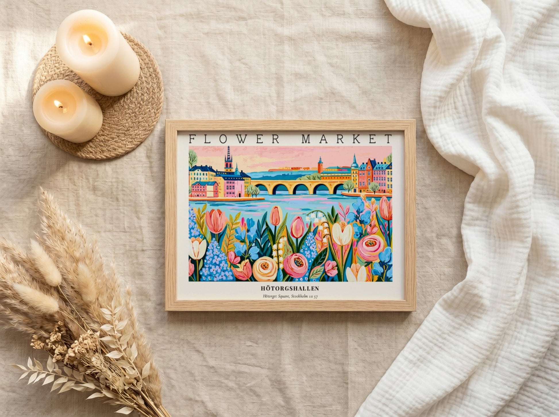 Flower market poster featuring vibrant flowers and a colorful landscape