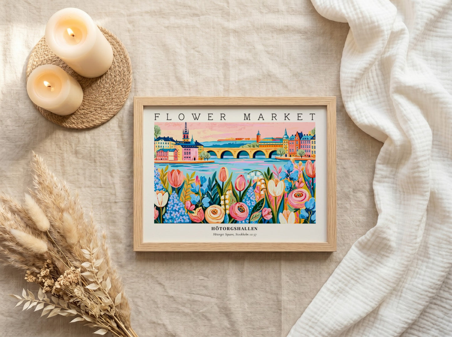 Flower market poster featuring vibrant tulips and landscape design in Hötorgshallen