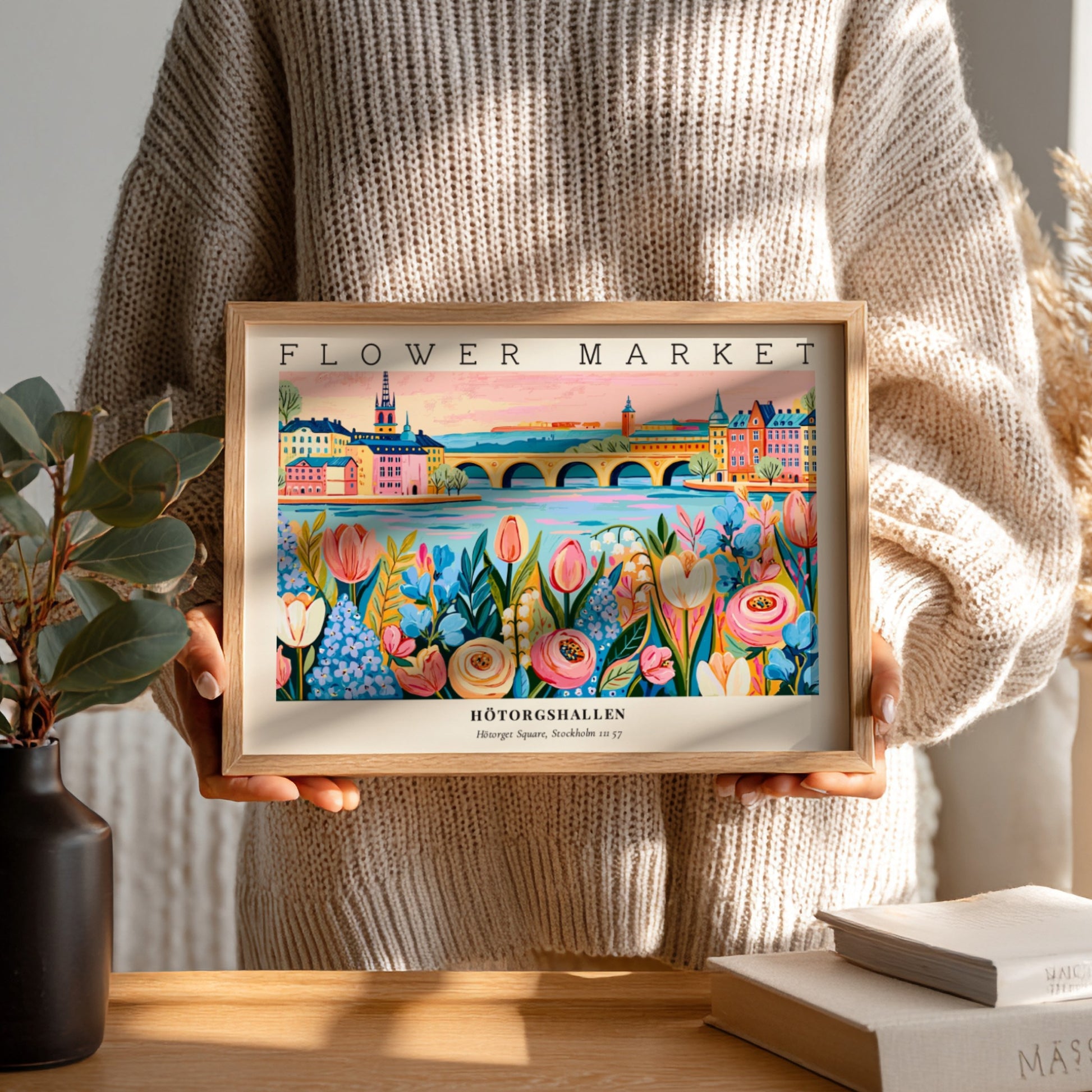 Flower market poster featuring vibrant flowers and a colorful landscape