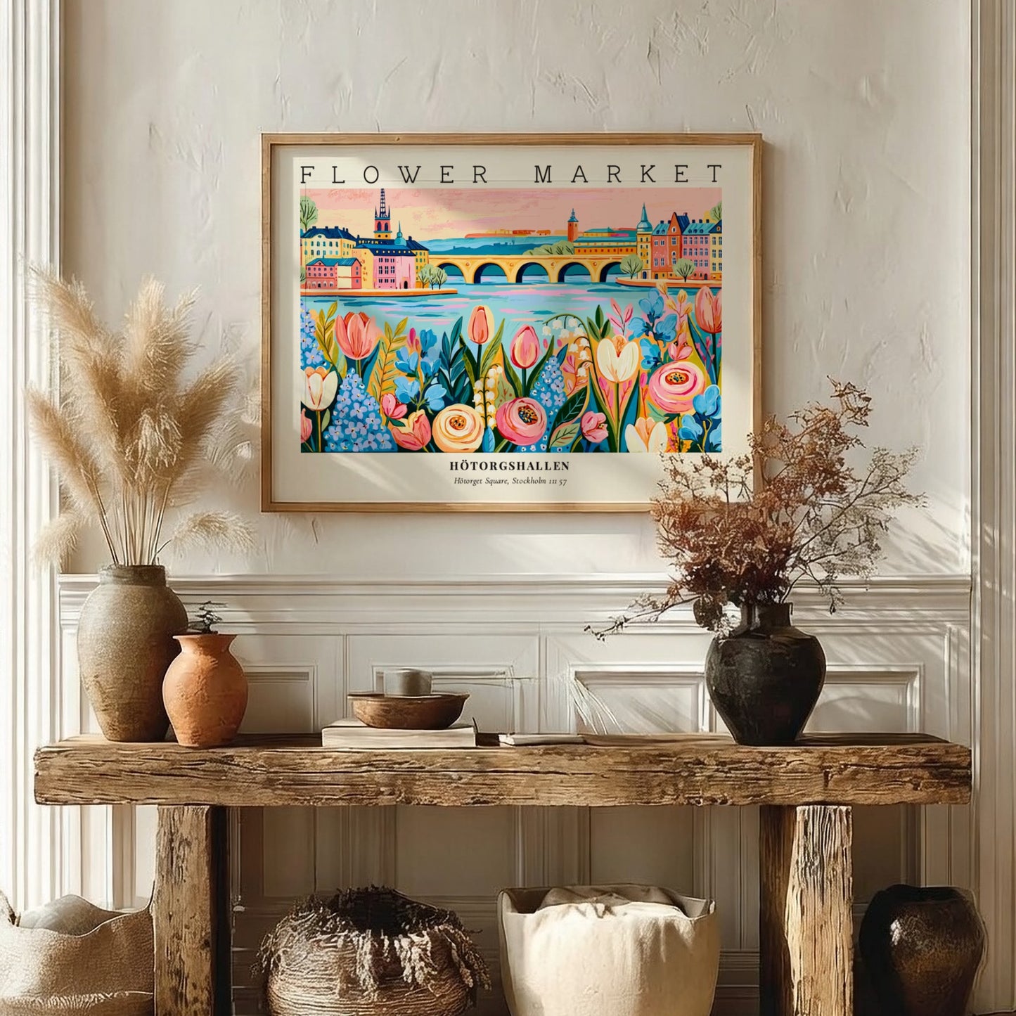 Flower market poster featuring vibrant tulips and landscape design in Hötorgshallen