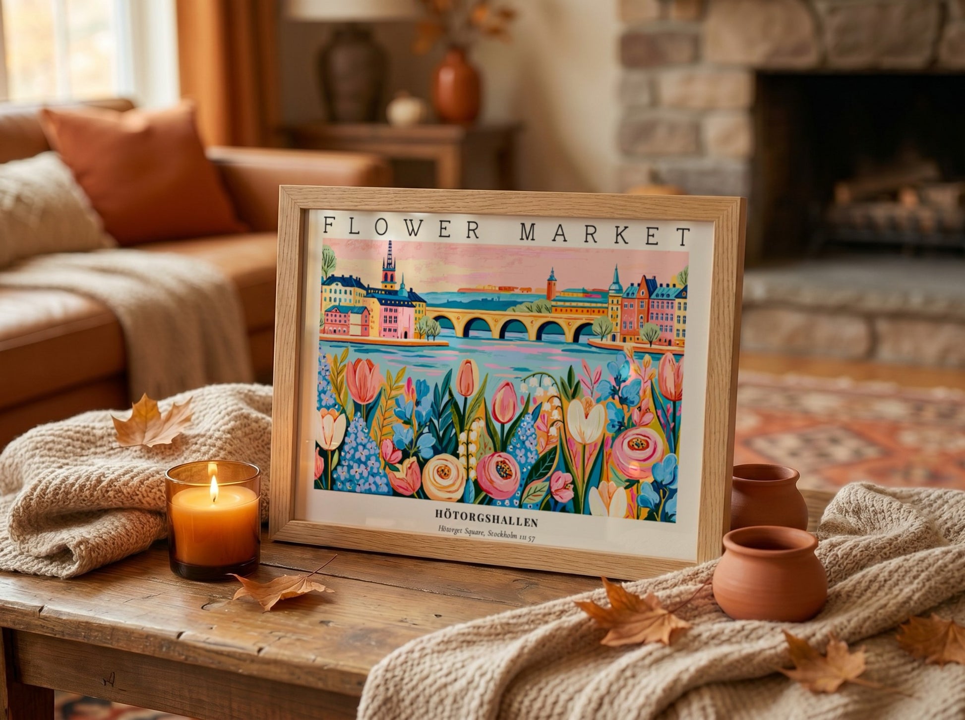 Flower market poster featuring vibrant flowers and a colorful landscape