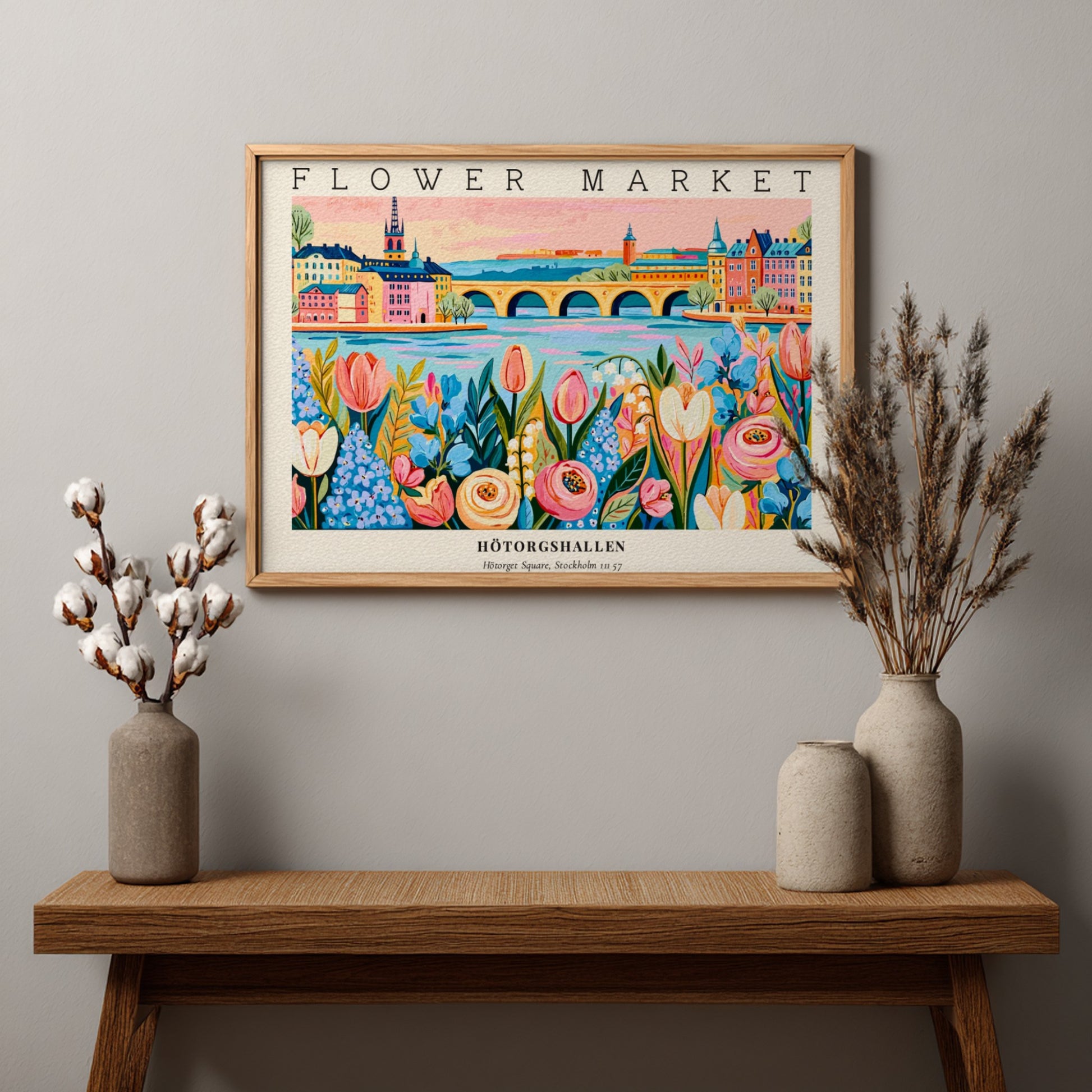 Flower market poster featuring vibrant flowers and a colorful landscape