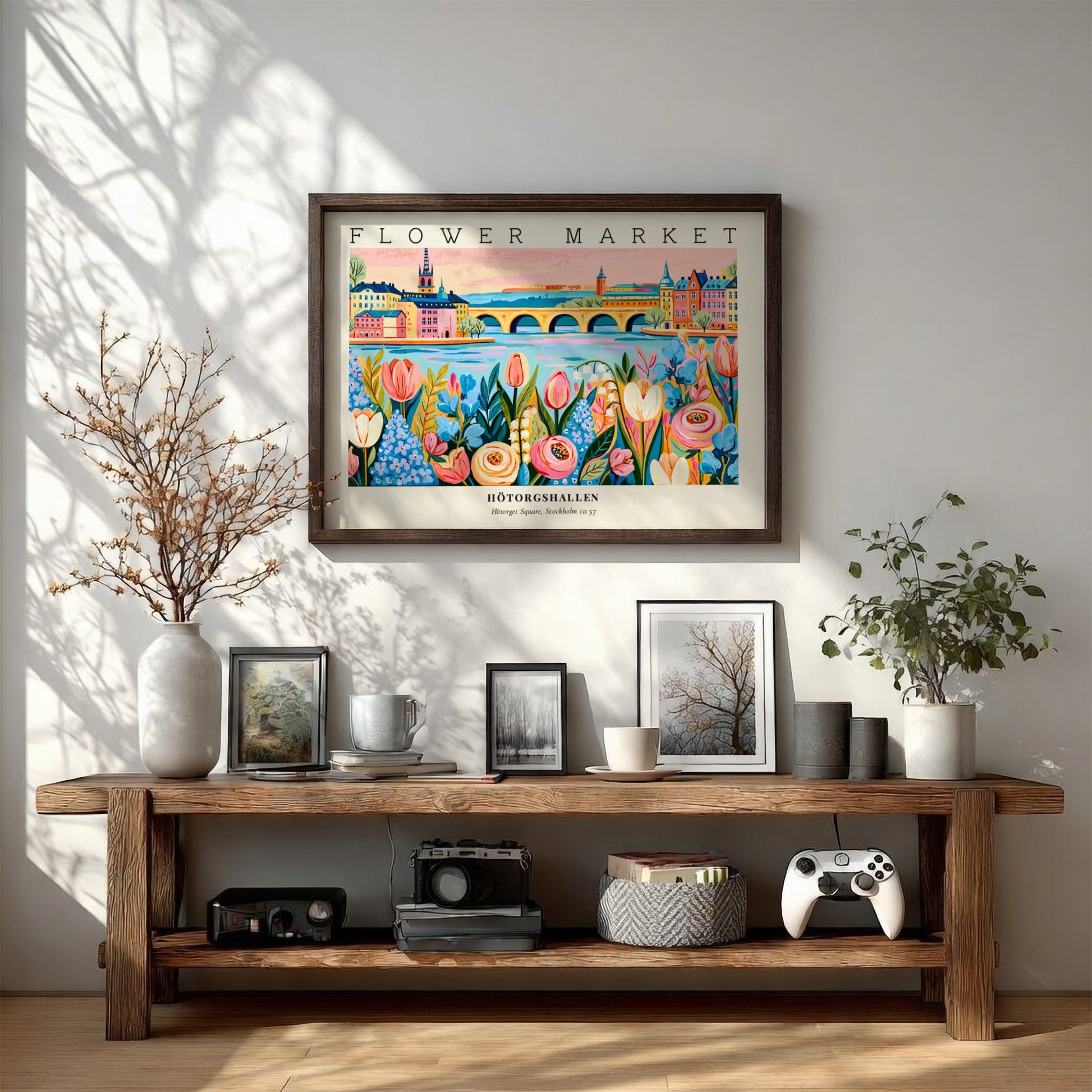 Flower market poster featuring vibrant tulips and landscape design in Hötorgshallen