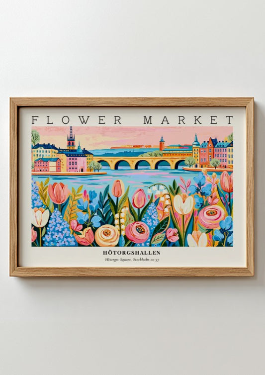 Flower market poster featuring vibrant tulips and landscape design in Hötorgshallen