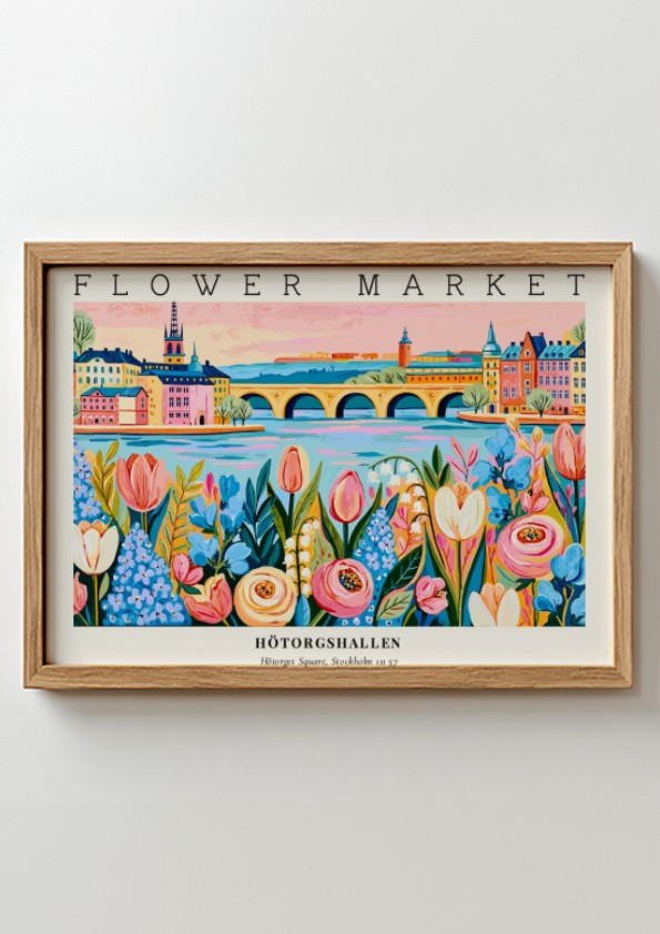 Flower market poster featuring vibrant flowers and a colorful landscape