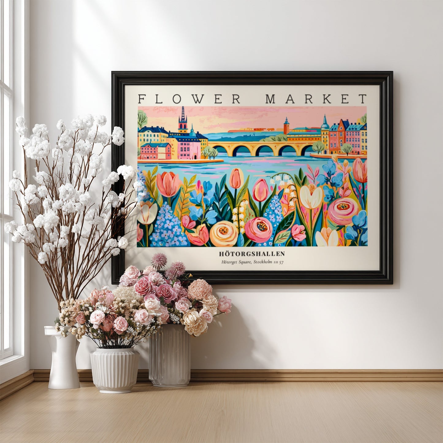 Flower market poster featuring vibrant flowers and a colorful landscape