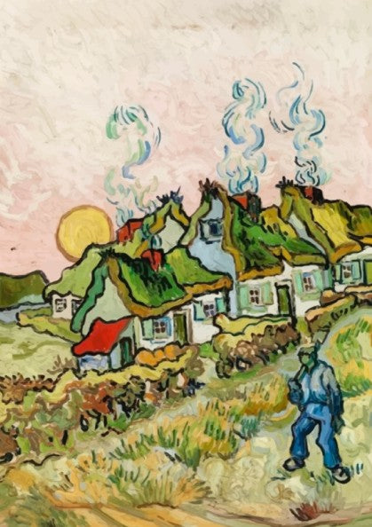 Vincent Van Gogh "Houses and Figure" art poster, featuring a village with thatched roofs and a solitary