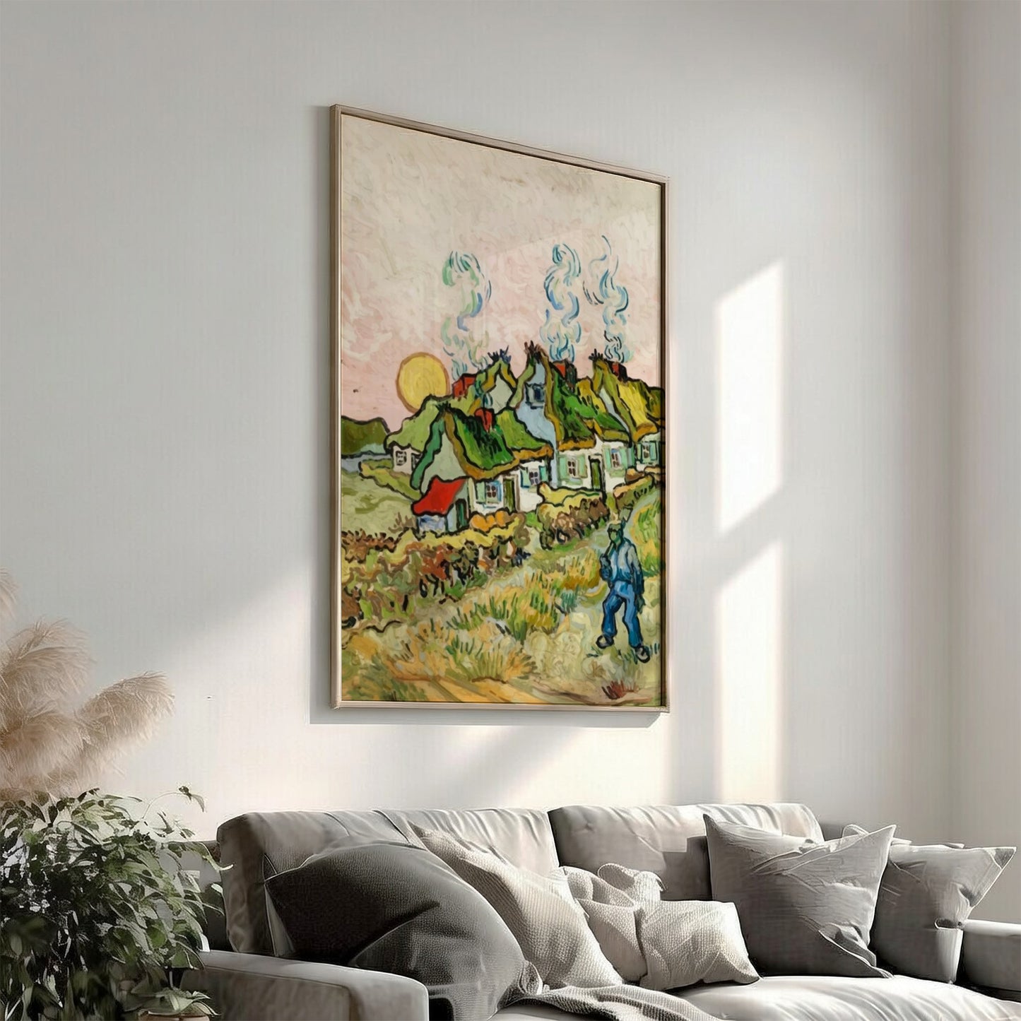Vincent Van Gogh "Houses and Figure" art poster, featuring a village with thatched roofs and a solitary