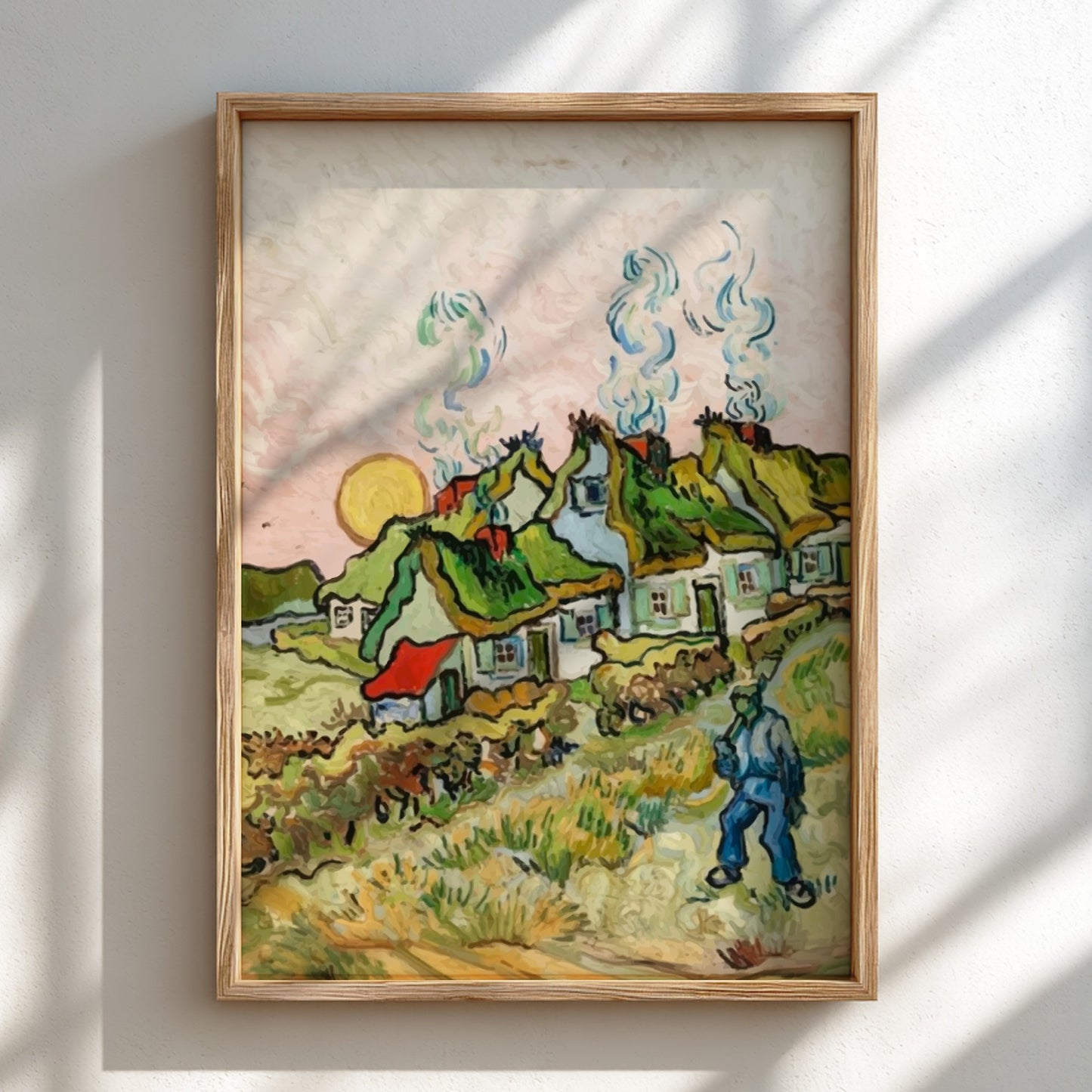 Vincent Van Gogh "Houses and Figure" art poster, featuring a village with thatched roofs and a solitary