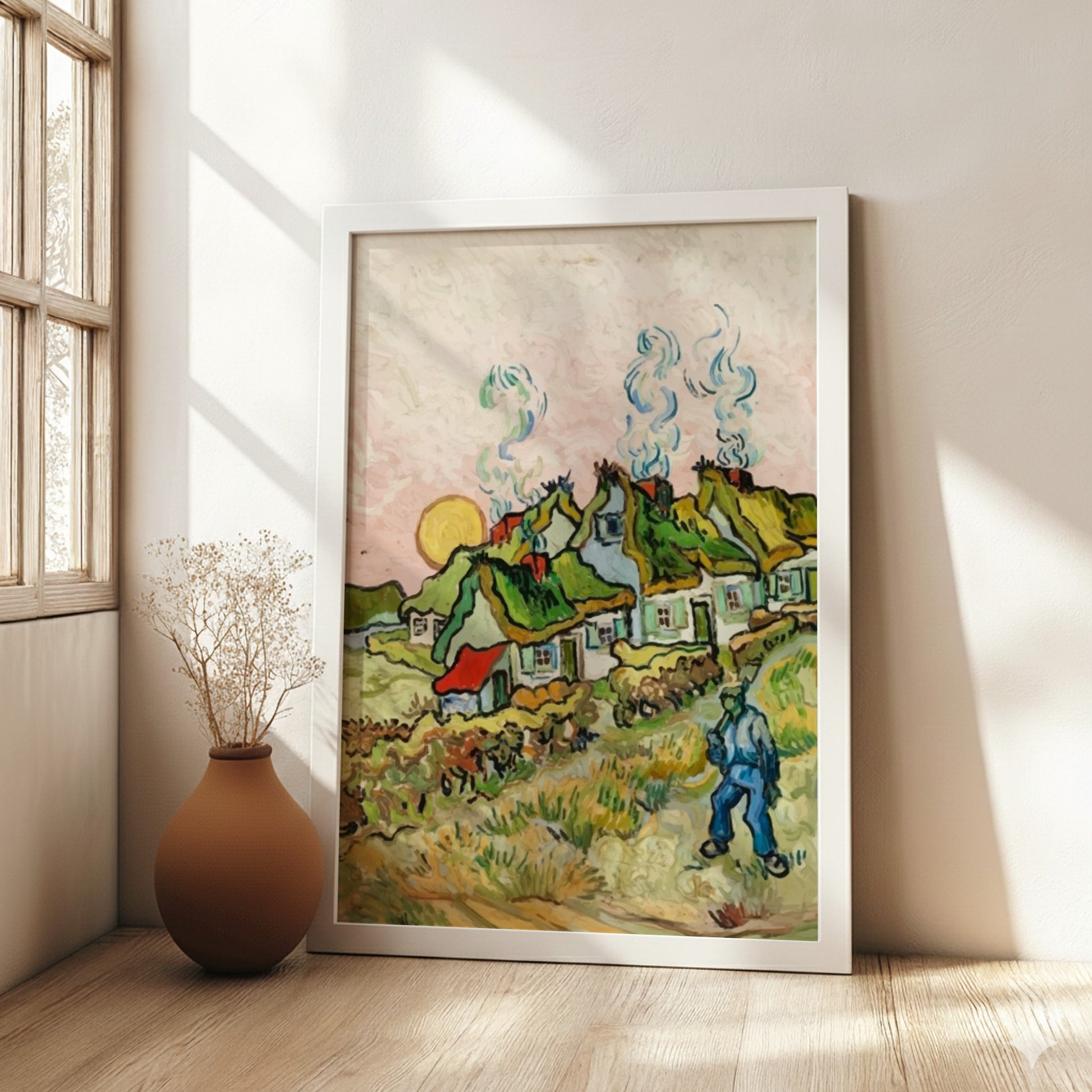 Vincent Van Gogh "Houses and Figure" art poster, featuring a village with thatched roofs and a solitary