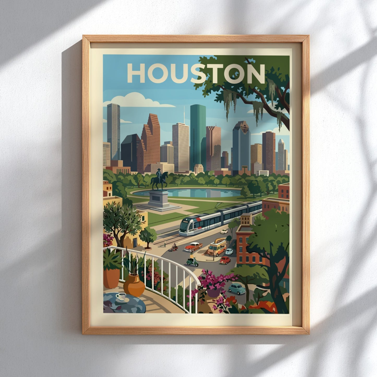 Stylized illustration of the Houston skyline with skyscrapers, parks, and a tram, rendered in a retro color