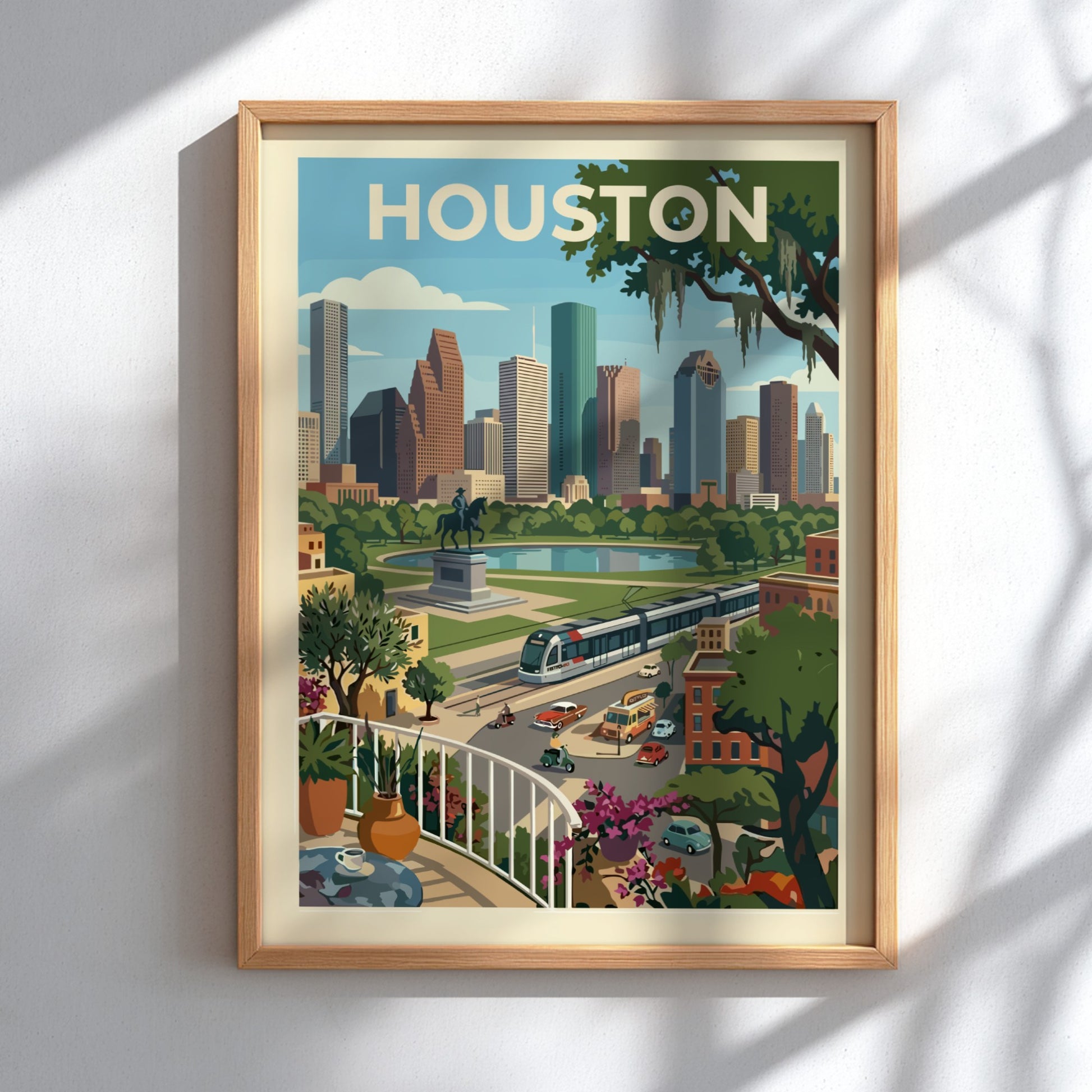 Stylized illustration of the Houston skyline with skyscrapers, parks, and a tram, rendered in a retro color