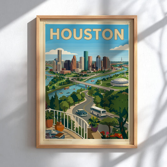 Retro Houston skyline poster with a river, bridges, and vintage cars. Cityscape art print.