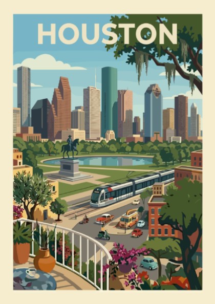 Stylized illustration of the Houston skyline with skyscrapers, parks, and a tram, rendered in a retro color