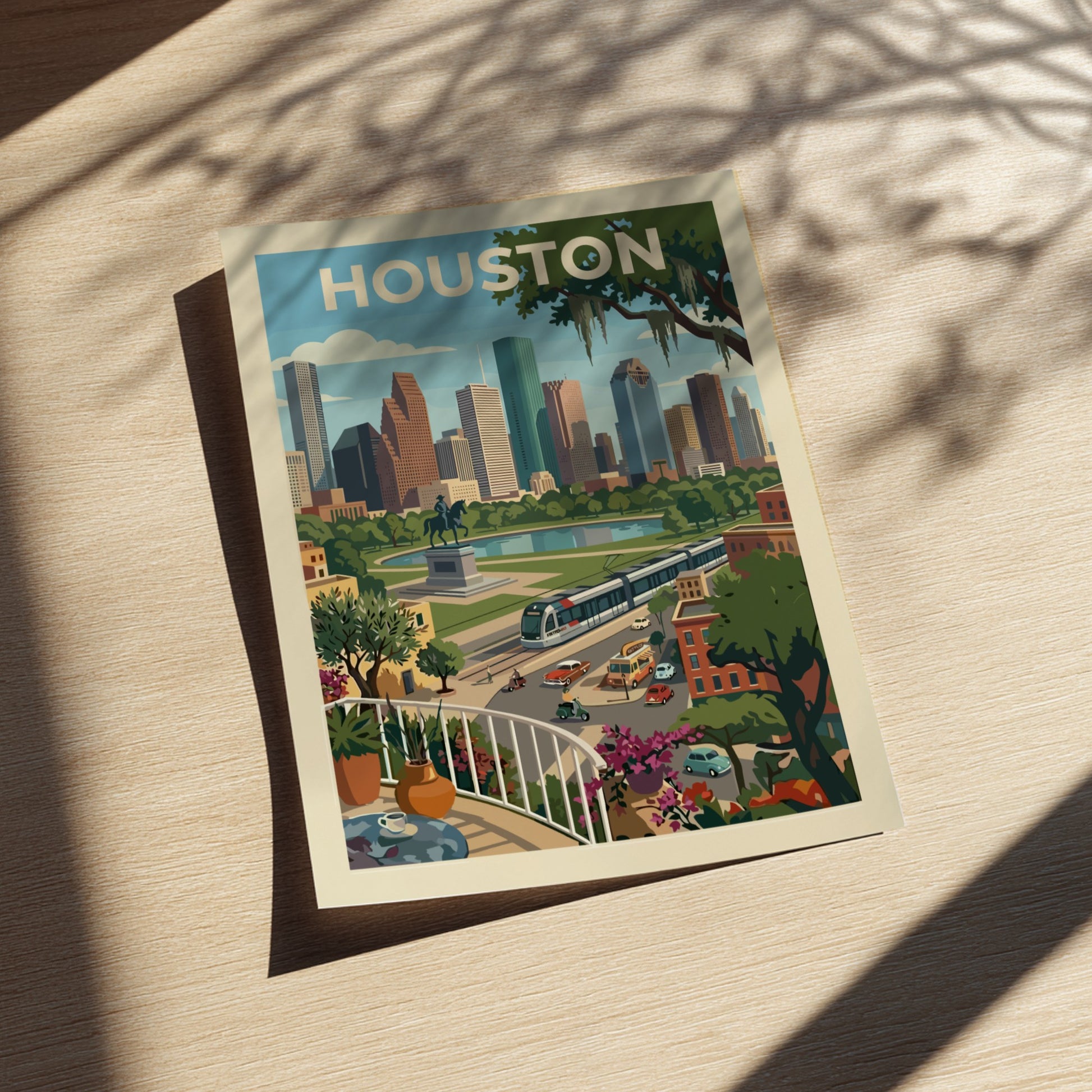 Stylized illustration of the Houston skyline with skyscrapers, parks, and a tram, rendered in a retro color