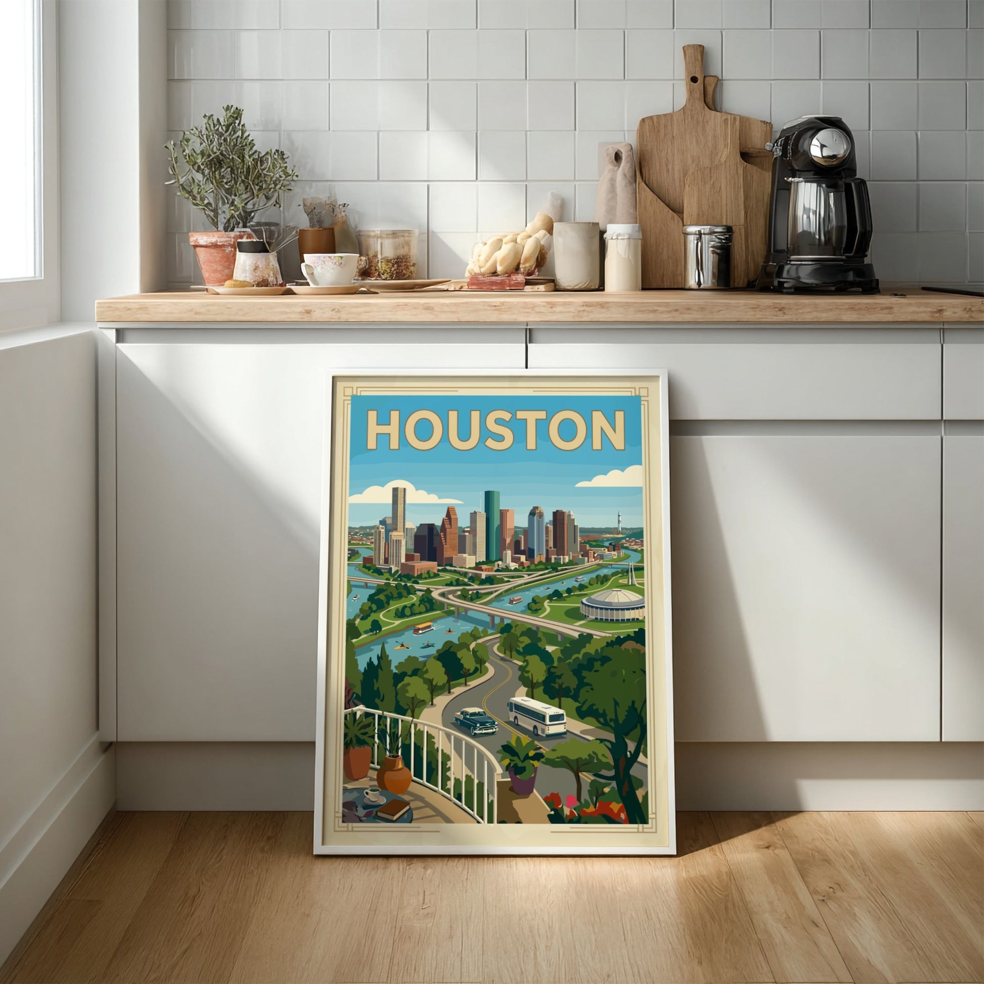 Retro Houston skyline poster with a river, bridges, and vintage cars. Cityscape art print.