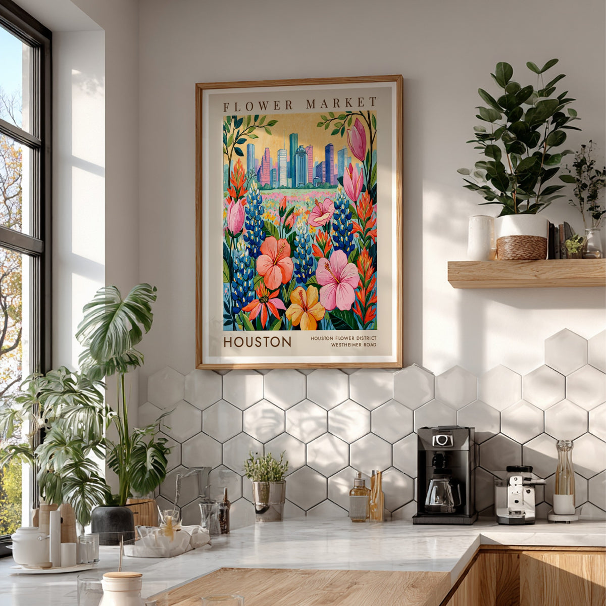 Vibrant flower market poster featuring colorful blossoms and Houston skyline