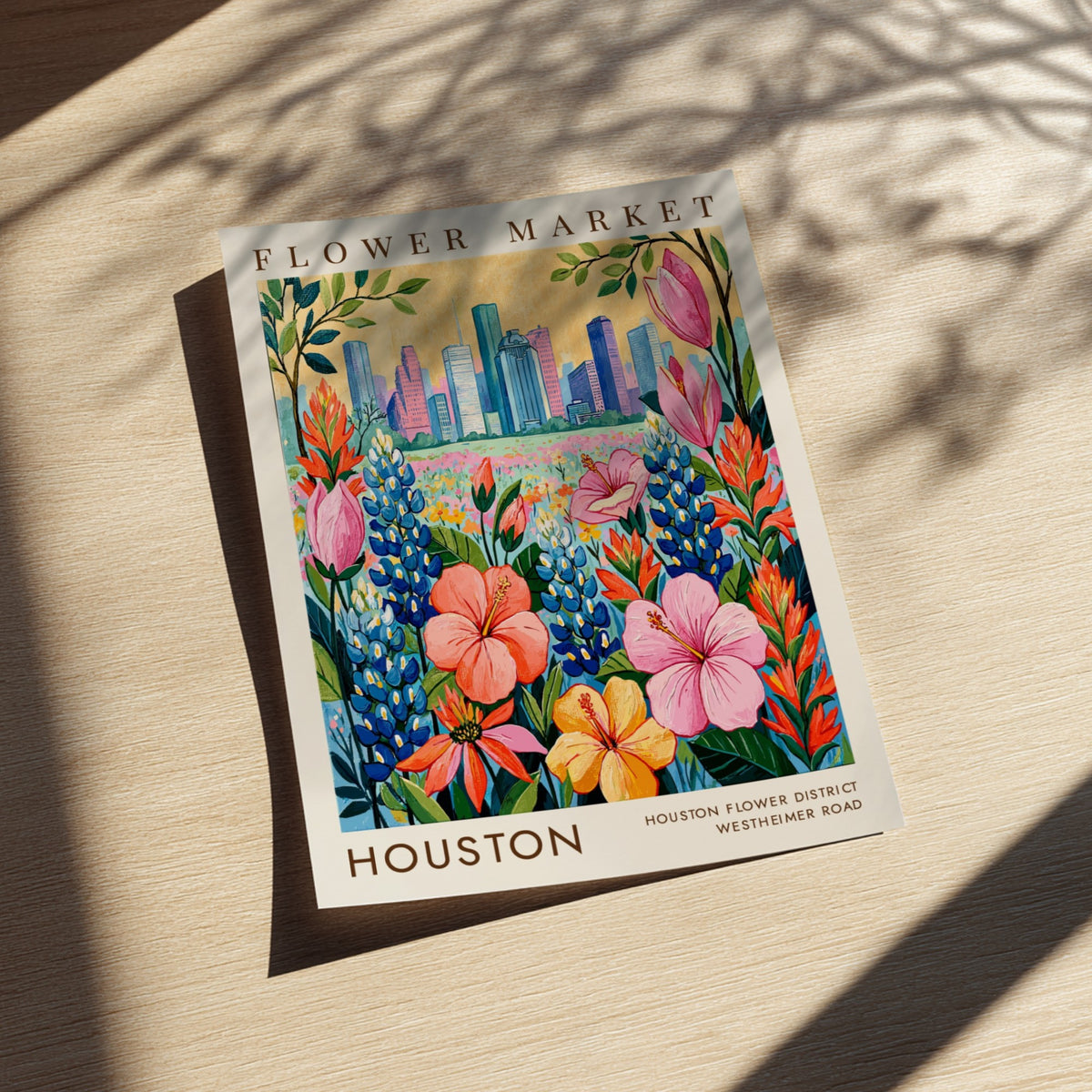 Vibrant flower market poster featuring colorful blossoms and Houston skyline