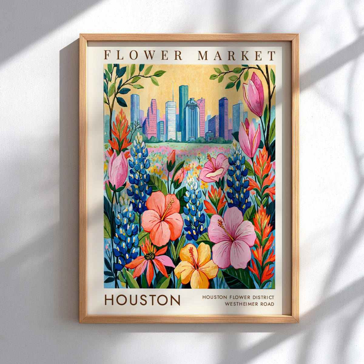 Vibrant flower market poster featuring colorful blossoms and Houston skyline