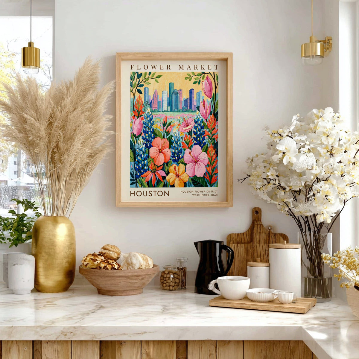 Vibrant flower market poster featuring colorful blossoms and Houston skyline