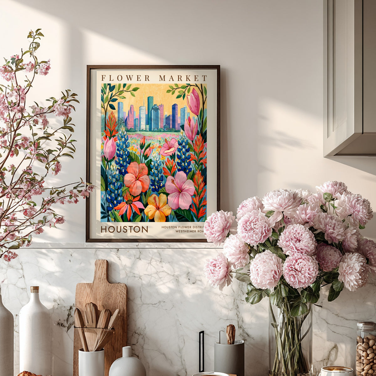 Vibrant flower market poster featuring colorful blossoms and Houston skyline