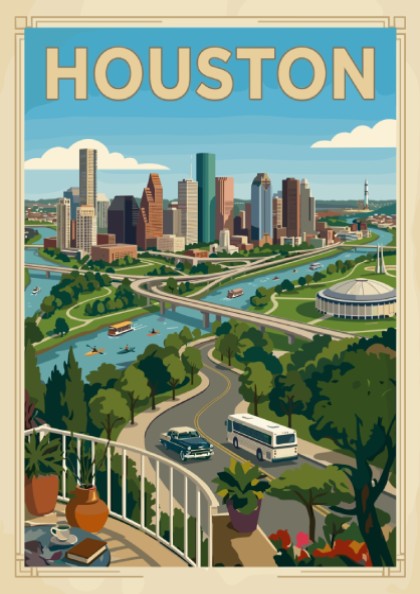 Retro Houston skyline poster with a river, bridges, and vintage cars. Cityscape art print.
