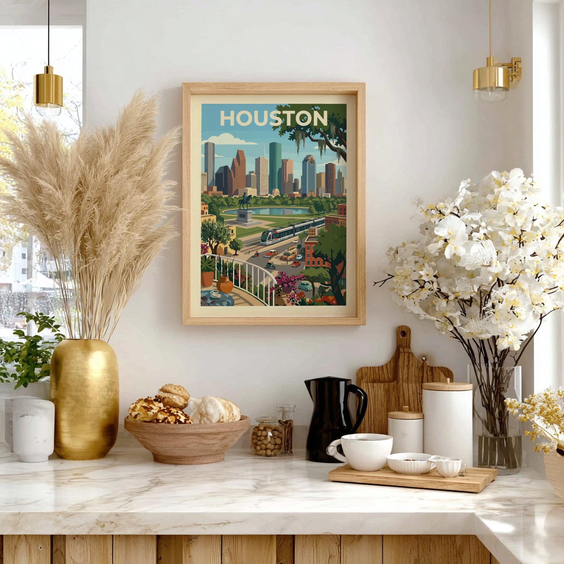 Stylized illustration of the Houston skyline with skyscrapers, parks, and a tram, rendered in a retro color