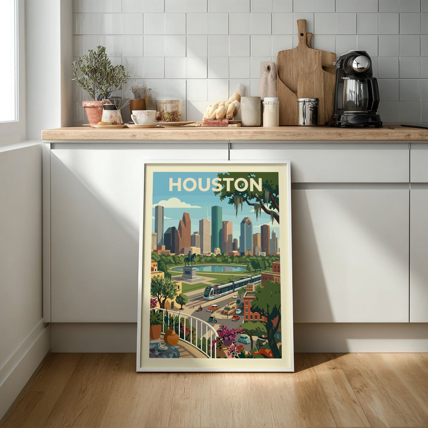 Stylized illustration of the Houston skyline with skyscrapers, parks, and a tram, rendered in a retro color