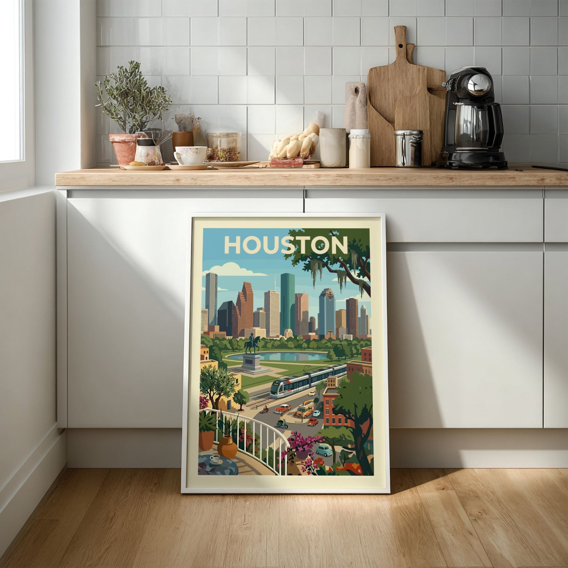 Stylized illustration of the Houston skyline with skyscrapers, parks, and a tram, rendered in a retro color