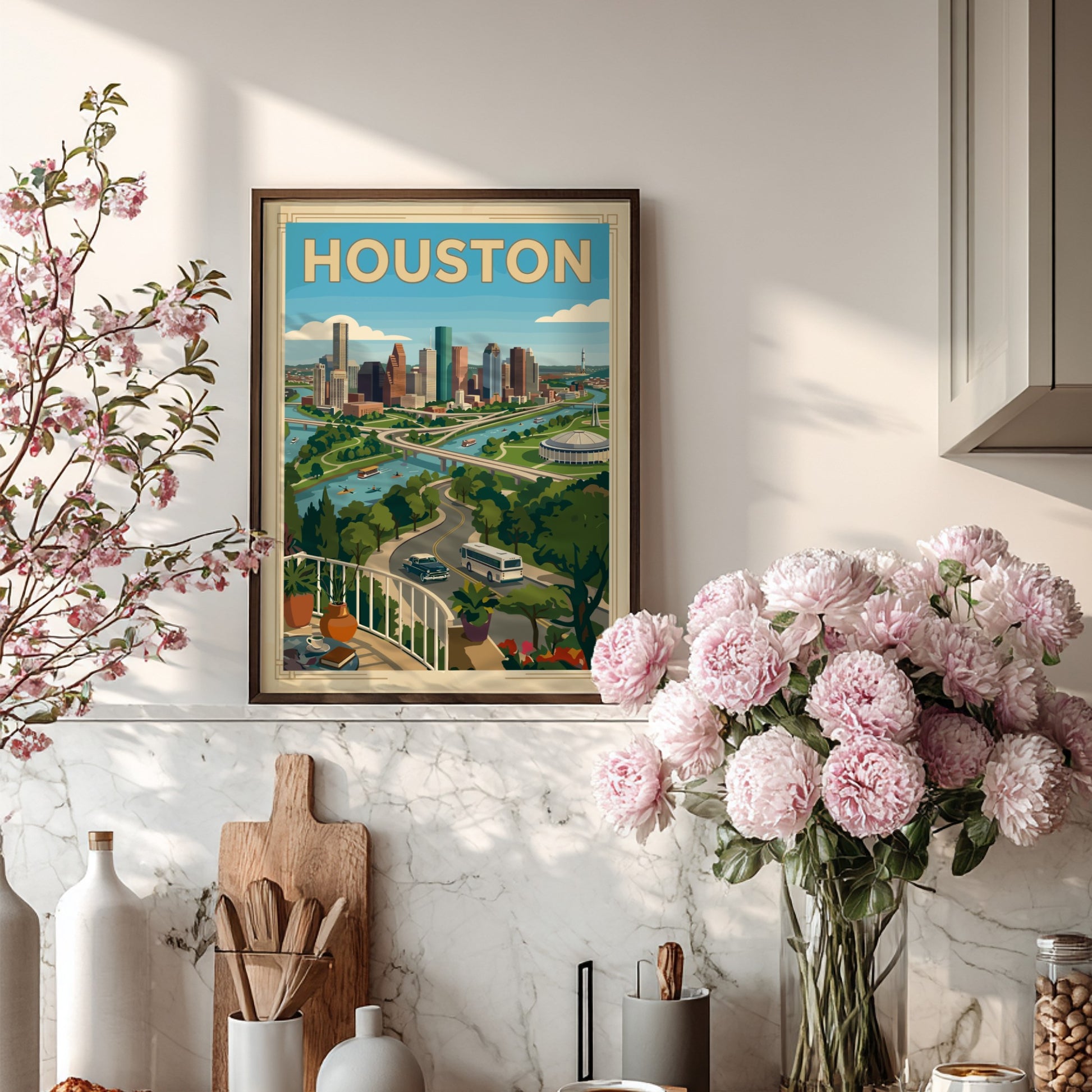 Retro Houston skyline poster with a river, bridges, and vintage cars. Cityscape art print.