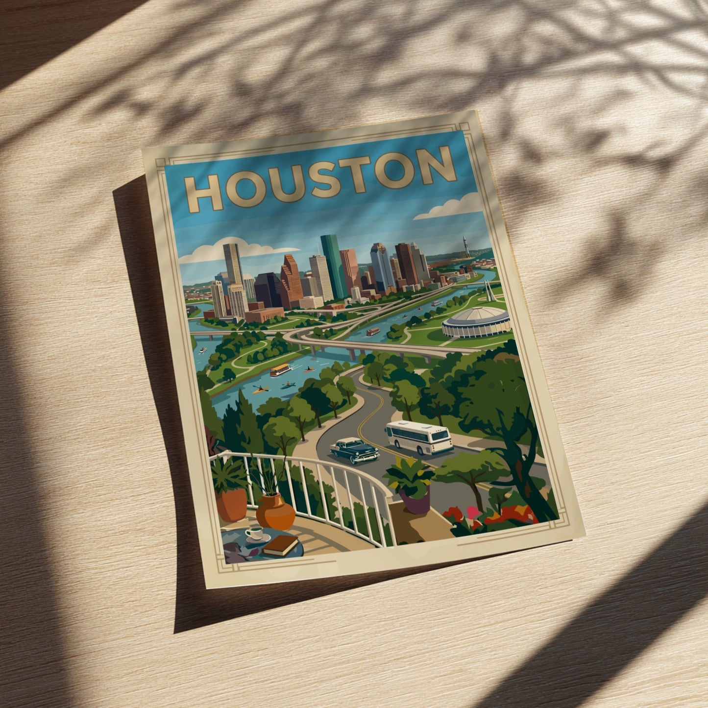 Retro Houston skyline poster with a river, bridges, and vintage cars. Cityscape art print.