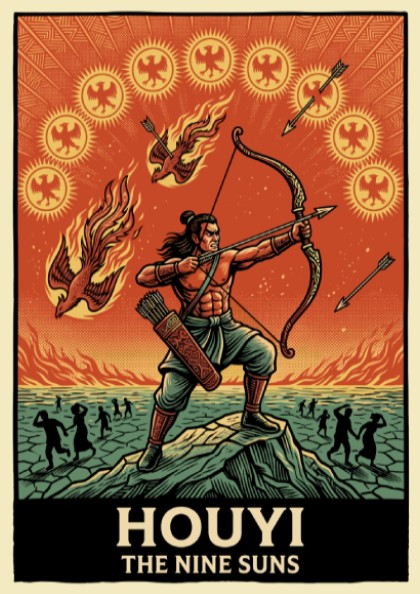 Poster of Houyi the archer aiming at nine suns in a vibrant illustration