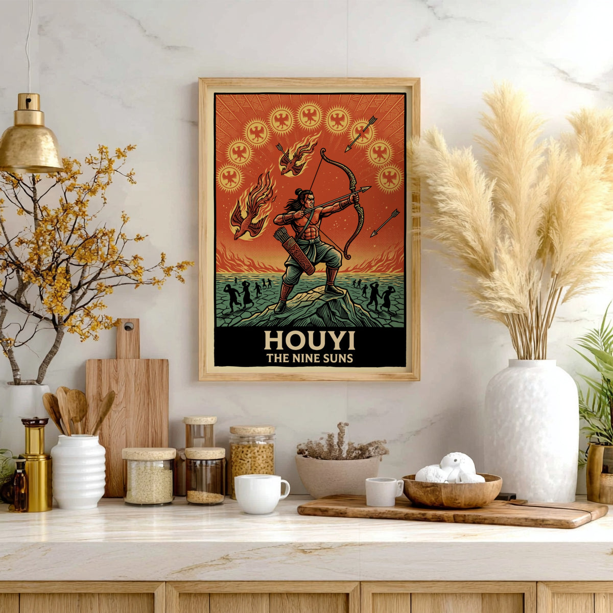 Poster of Houyi the archer aiming at nine suns in a vibrant illustration