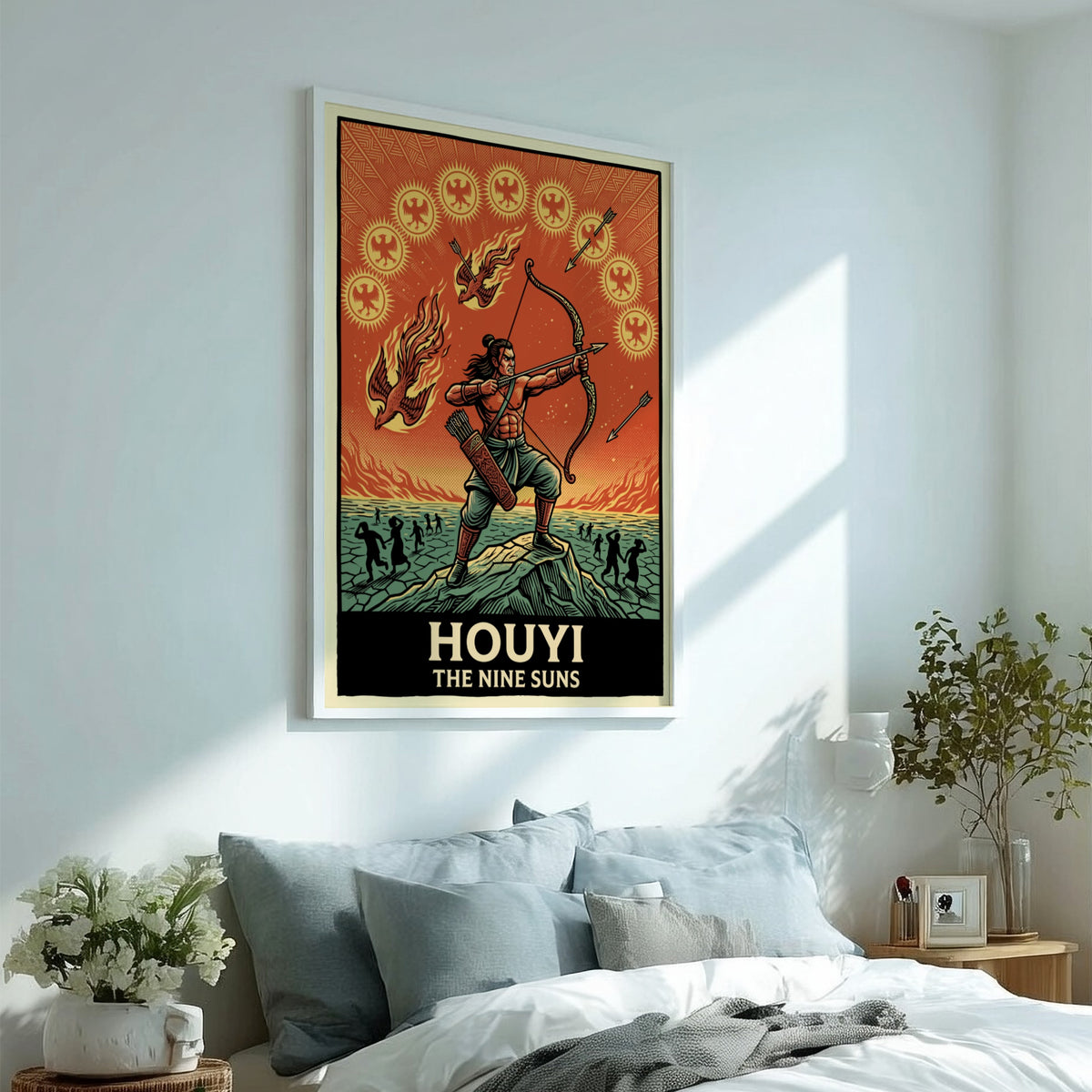 Poster of Houyi the archer aiming at nine suns in a vibrant illustration