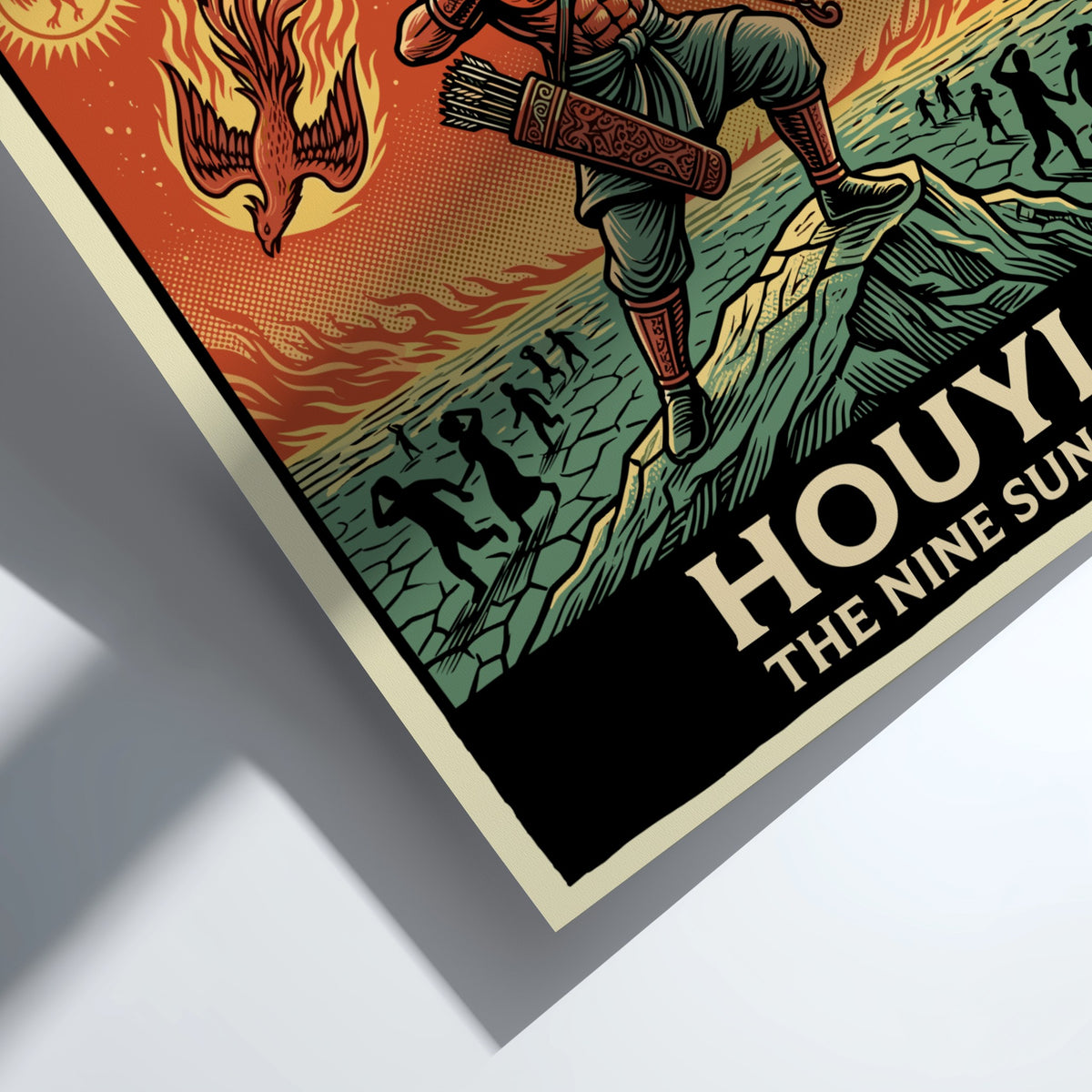 Poster of Houyi the archer aiming at nine suns in a vibrant illustration