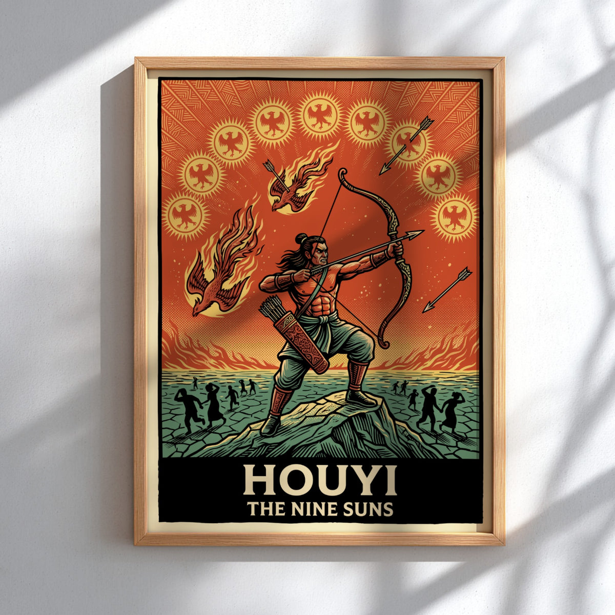 Poster of Houyi the archer aiming at nine suns in a vibrant illustration
