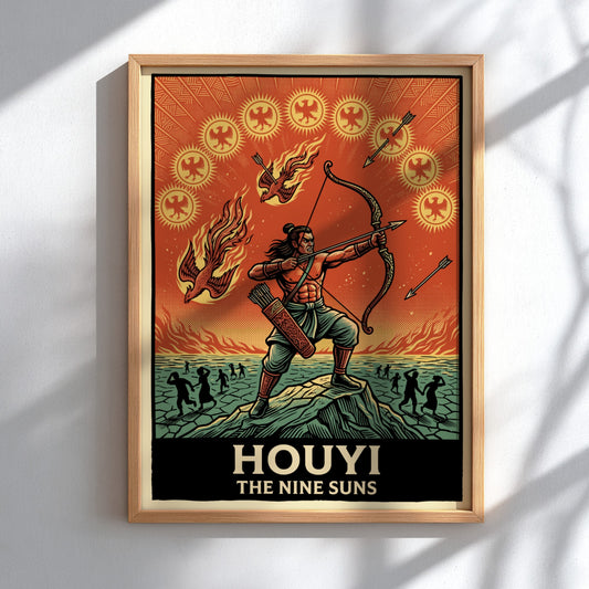 Poster of Houyi the archer aiming at nine suns in a vibrant illustration