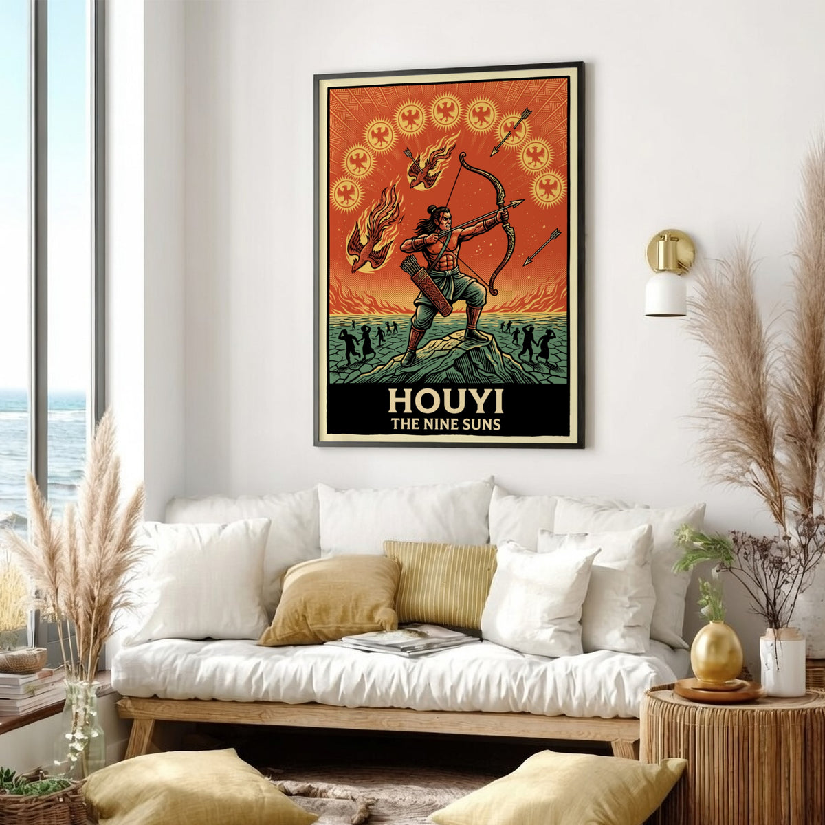 Poster of Houyi the archer aiming at nine suns in a vibrant illustration