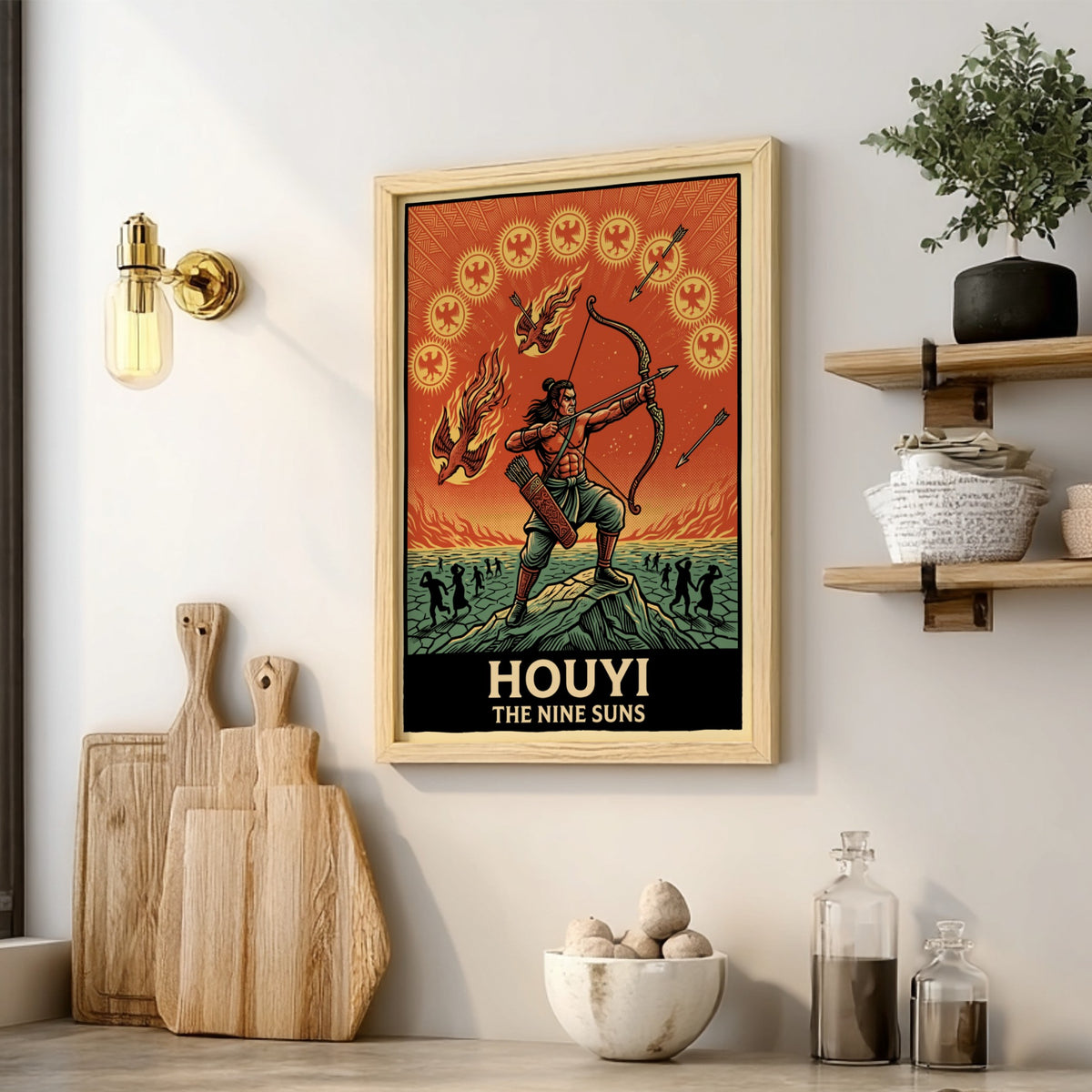 Poster of Houyi the archer aiming at nine suns in a vibrant illustration