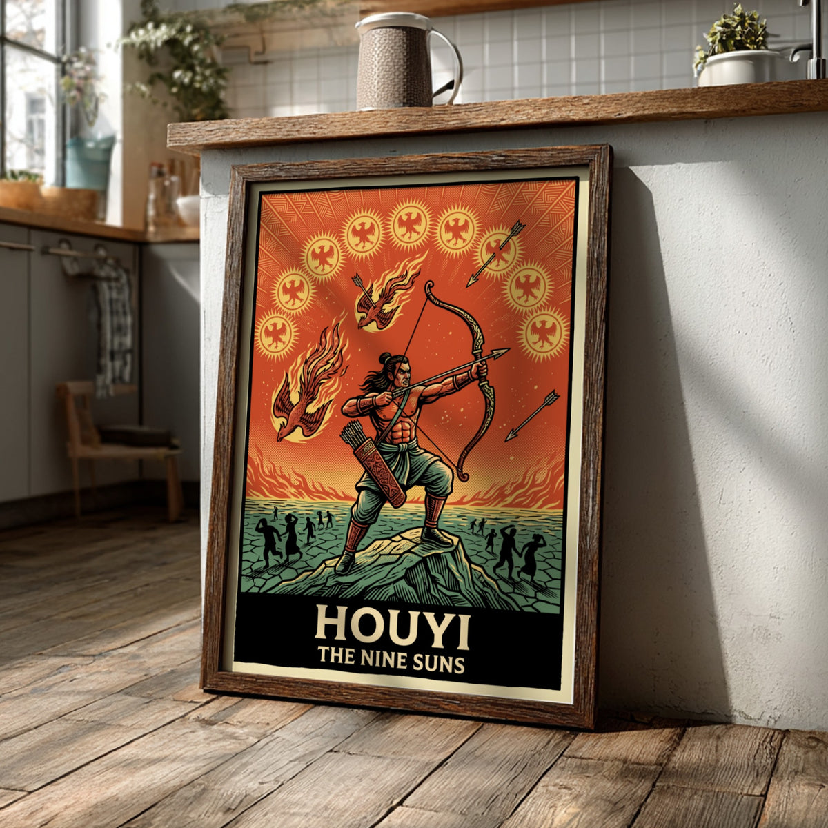 Poster of Houyi the archer aiming at nine suns in a vibrant illustration