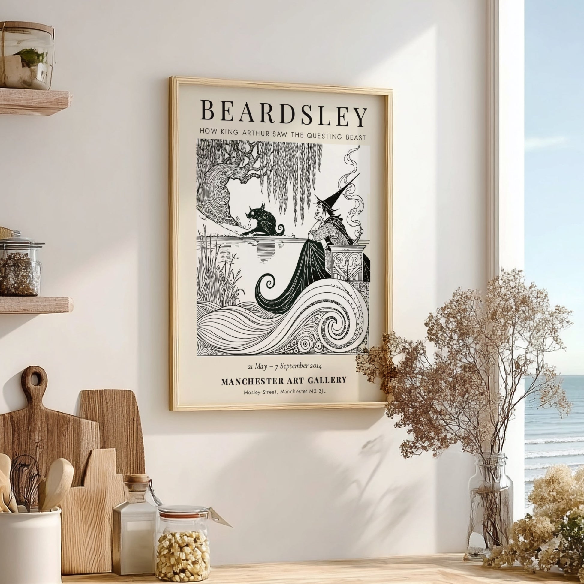 Aubrey Beardsley poster featuring 'How King Arthur Saw the Questing Beast' with intricate line work and a