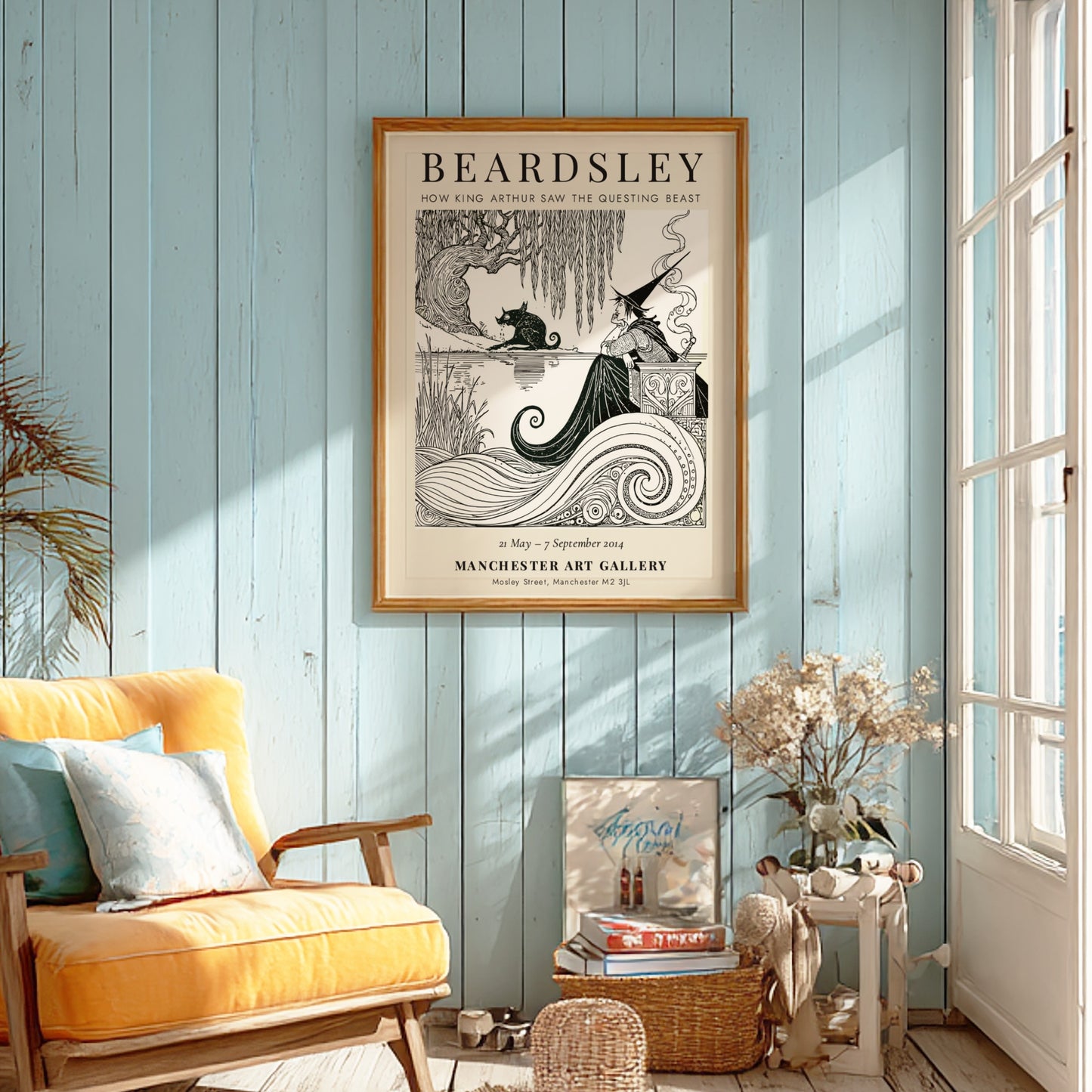 Aubrey Beardsley poster featuring 'How King Arthur Saw the Questing Beast' with intricate line work and a