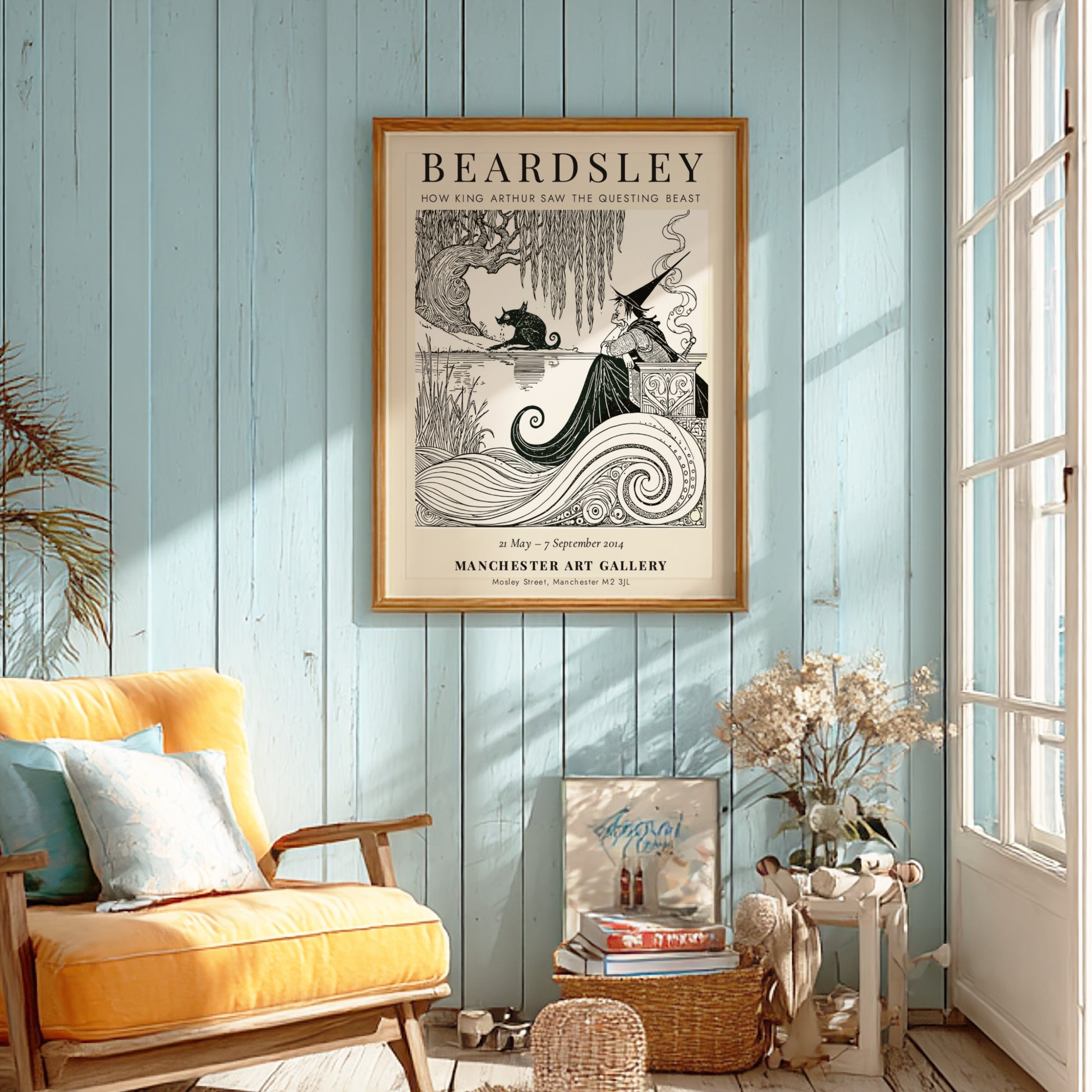 Aubrey Beardsley poster featuring 'How King Arthur Saw the Questing Beast' with intricate line work and a