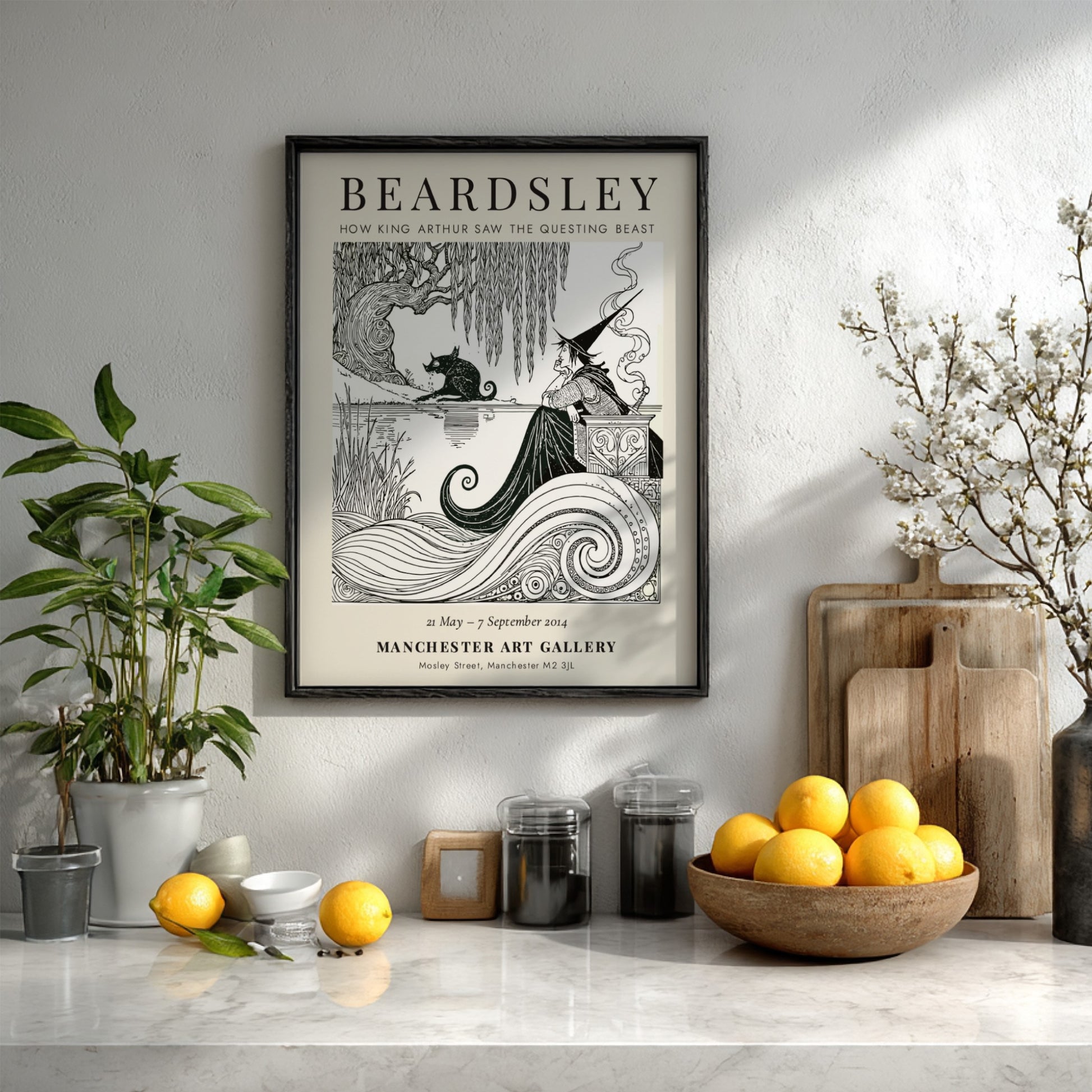 Aubrey Beardsley poster featuring 'How King Arthur Saw the Questing Beast' with intricate line work and a