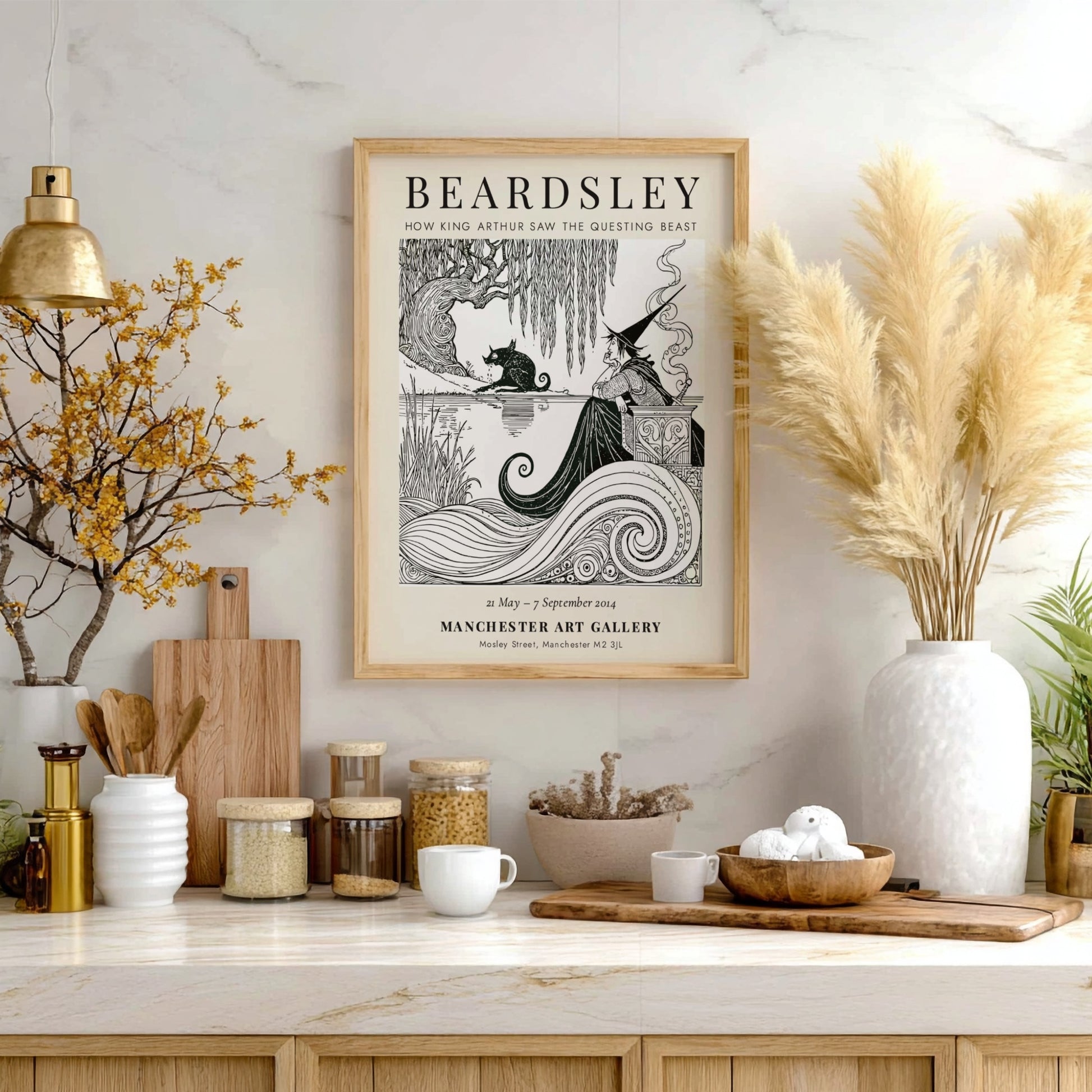 Aubrey Beardsley poster featuring 'How King Arthur Saw the Questing Beast' with intricate line work and a