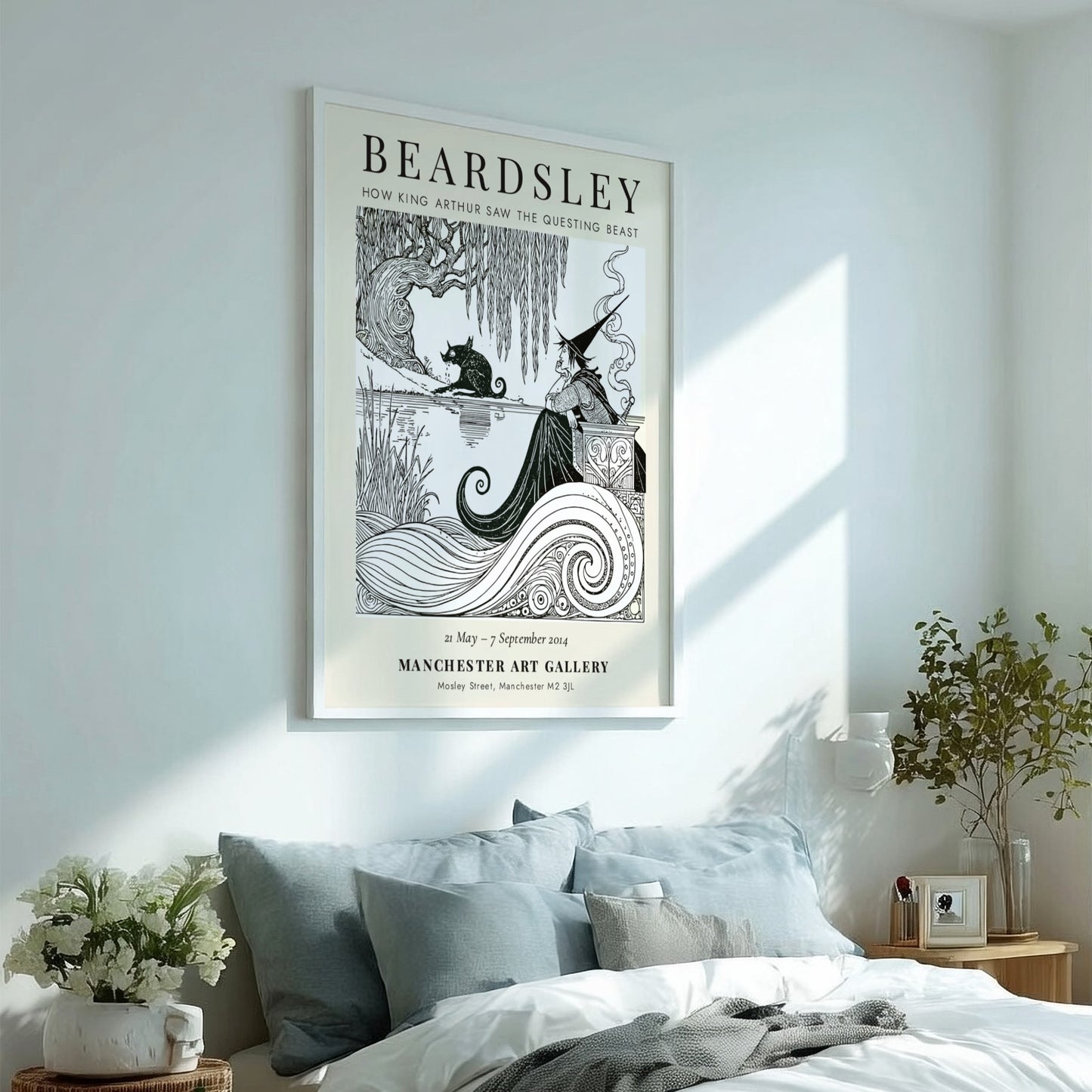 Aubrey Beardsley poster featuring 'How King Arthur Saw the Questing Beast' with intricate line work and a