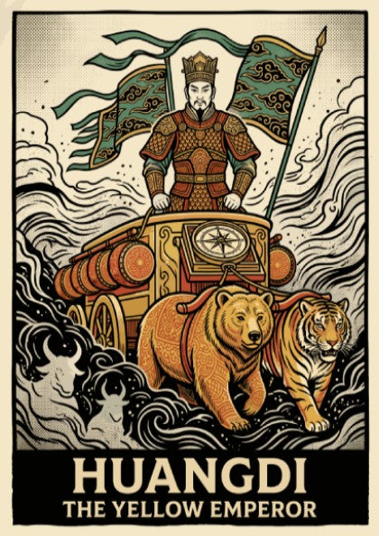Poster of Huangdi The Yellow Emperor riding a chariot pulled by a bear and tiger.