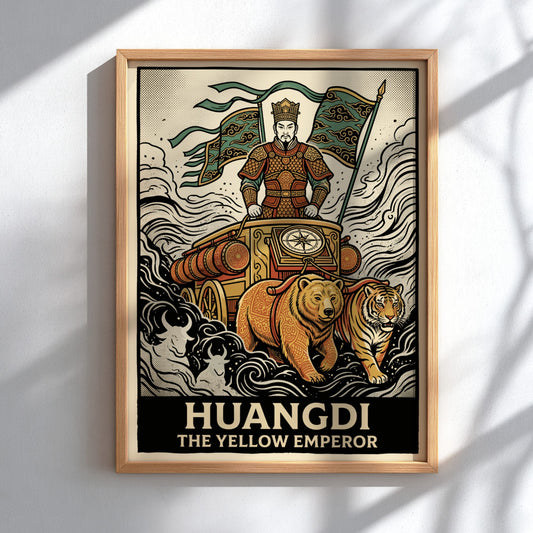 Poster of Huangdi The Yellow Emperor riding a chariot pulled by a bear and tiger.
