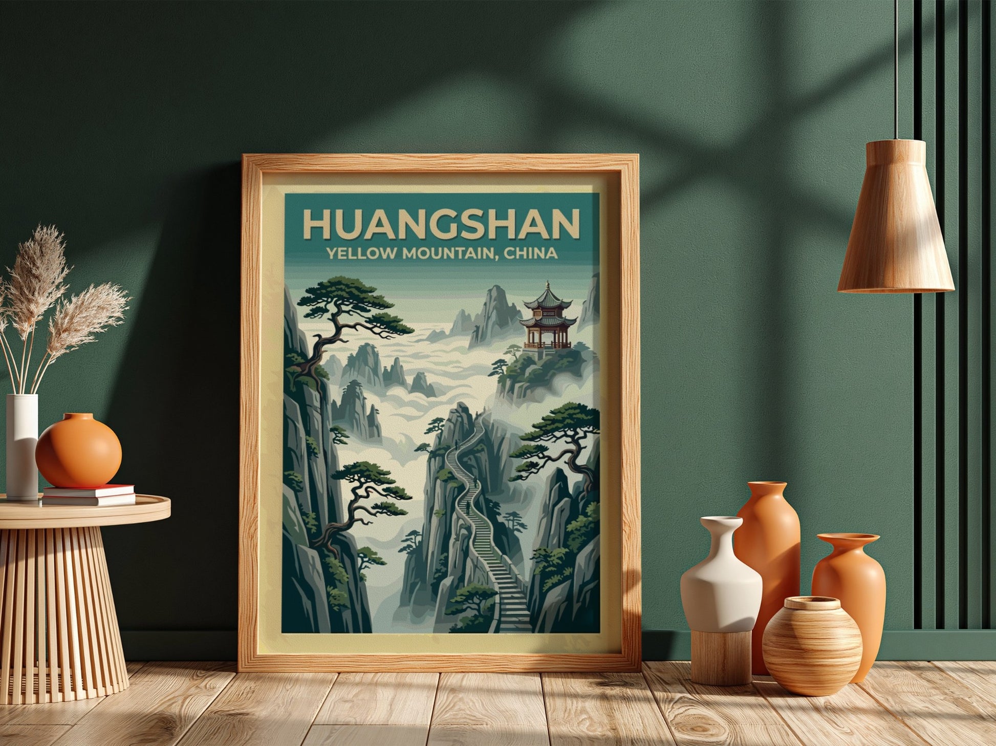 Huangshan Yellow Mountain travel poster featuring a traditional pagoda, stone stairs, and pines.
